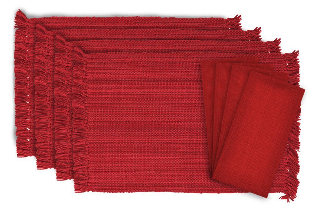 Contemporary Home Living Pack of 8 Tango Red Fringe Placemats and Napkins Kitchen Accessory Set 19"